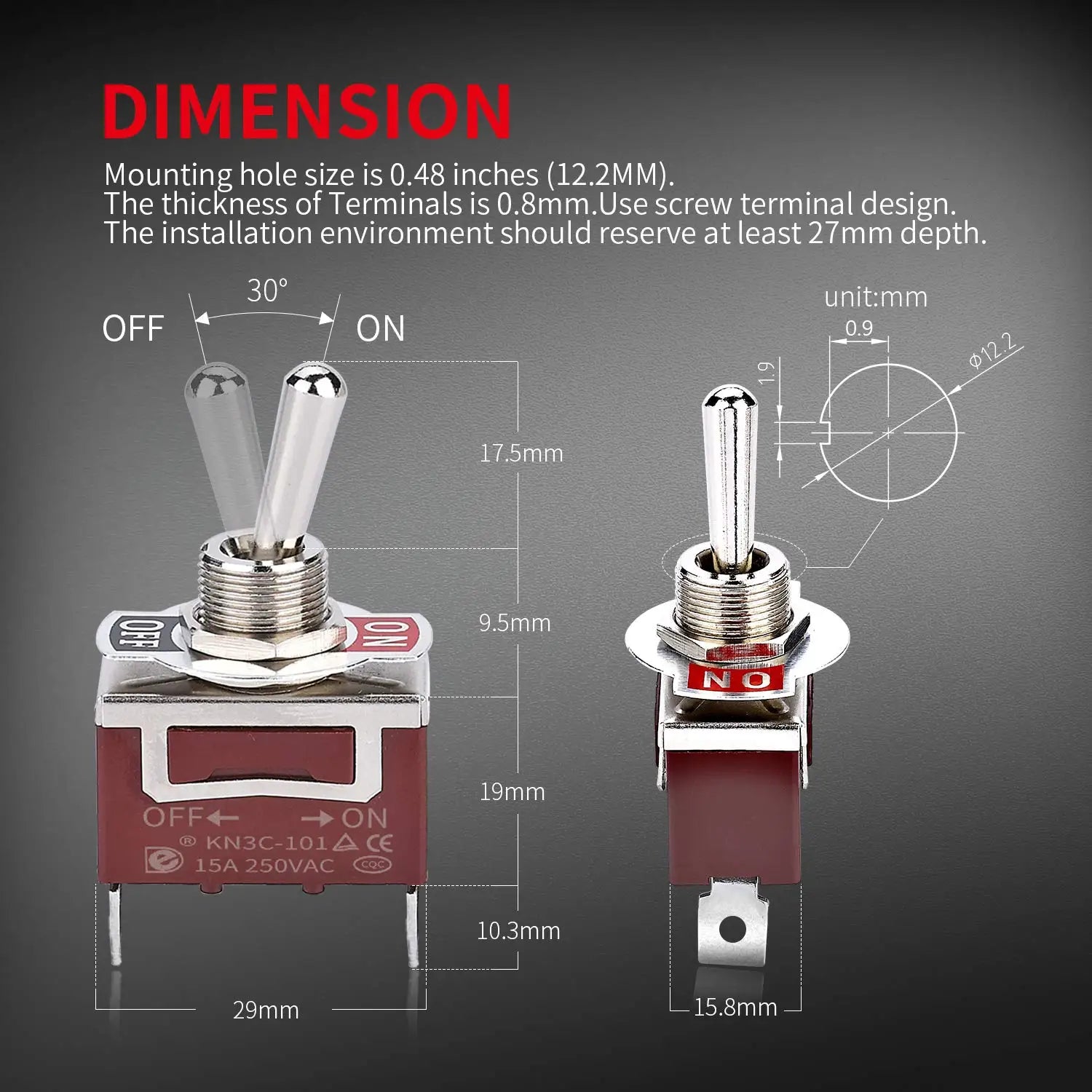 2PCS SPST Waterproof Toggle Switch 12V DC 30A 125VAC 20A Marine Heavy Duty 2 Pin ON Off Spade Terminals for Automotive Car Boat