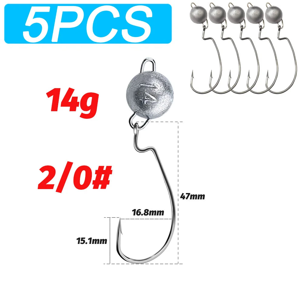 5Pcs Metal Jig Head Worm Hooks 2g 10g 18g Weight Crank Gear Sinker Pesca Weedless Offset Texas Rig Fishing Tackle Kit Fishhook