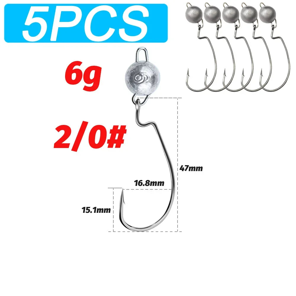 5Pcs Metal Jig Head Worm Hooks 2g 10g 18g Weight Crank Gear Sinker Pesca Weedless Offset Texas Rig Fishing Tackle Kit Fishhook