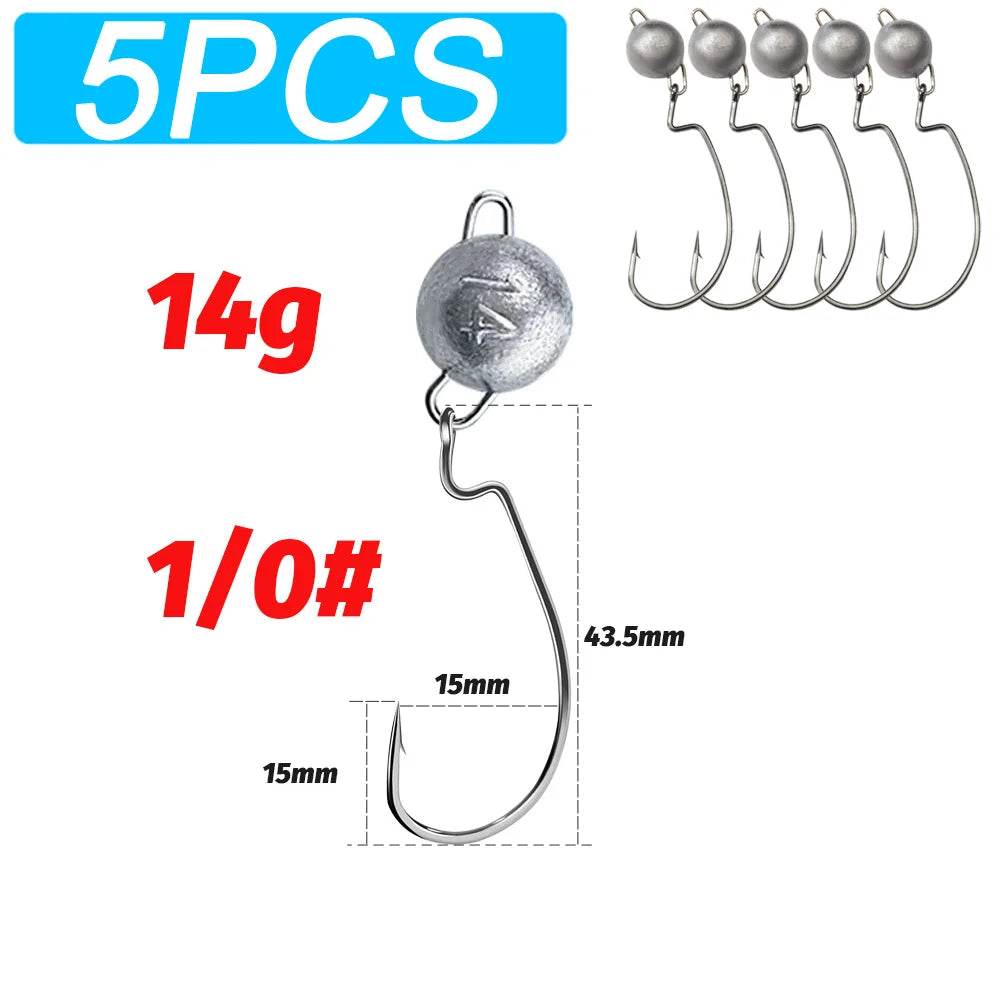5Pcs Metal Jig Head Worm Hooks 2g 10g 18g Weight Crank Gear Sinker Pesca Weedless Offset Texas Rig Fishing Tackle Kit Fishhook