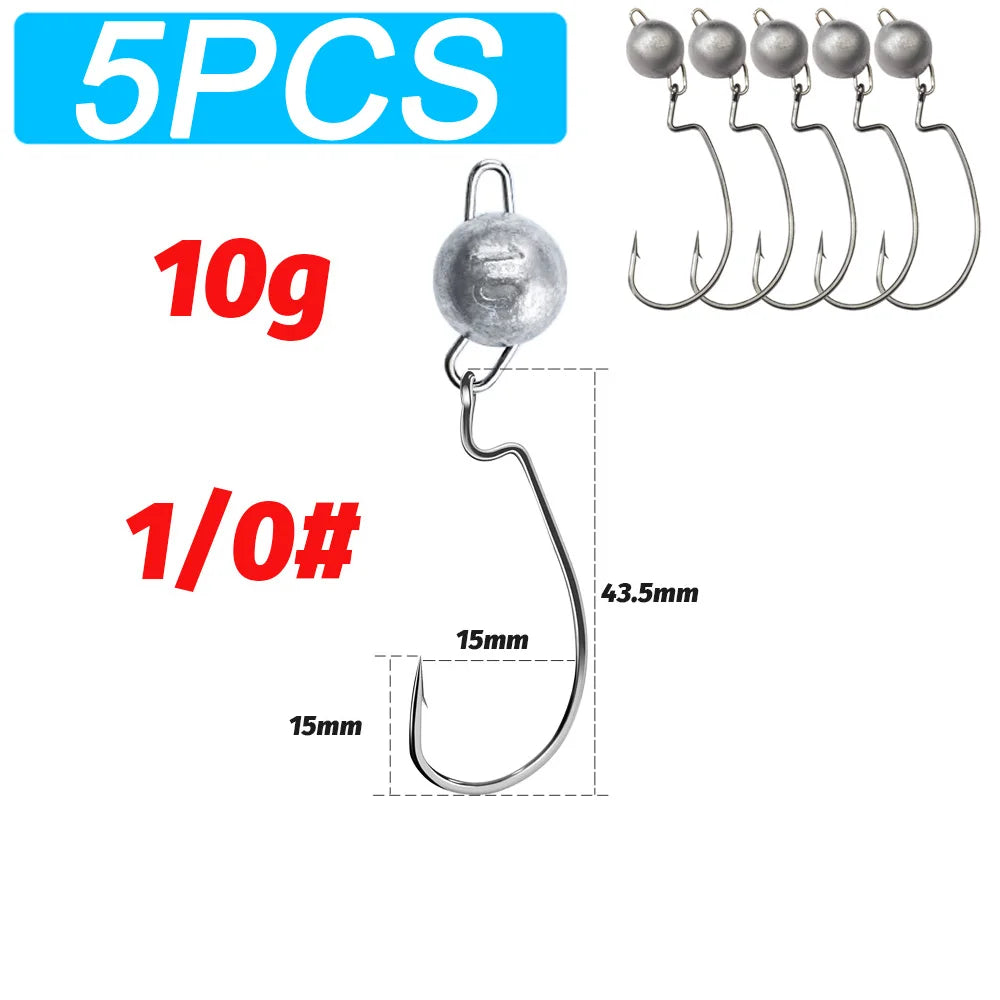 5Pcs Metal Jig Head Worm Hooks 2g 10g 18g Weight Crank Gear Sinker Pesca Weedless Offset Texas Rig Fishing Tackle Kit Fishhook
