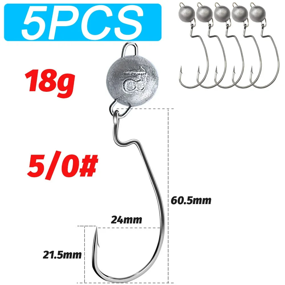 5Pcs Metal Jig Head Worm Hooks 2g 10g 18g Weight Crank Gear Sinker Pesca Weedless Offset Texas Rig Fishing Tackle Kit Fishhook