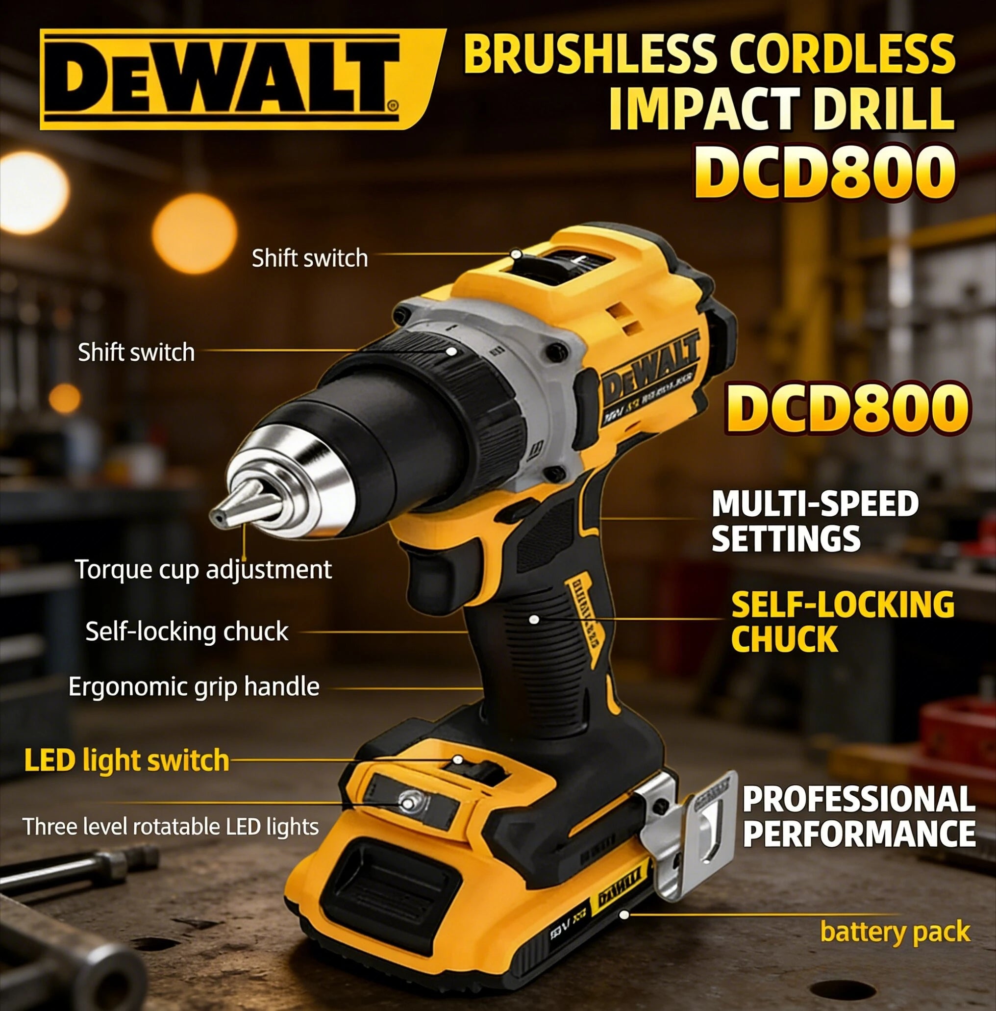 DEWALT 2000RPM DCD800  Cordless Impact Drill  3/8 Inch Brushless Electric Screwdriver Lithium Electric Tool For DEWALT Battery