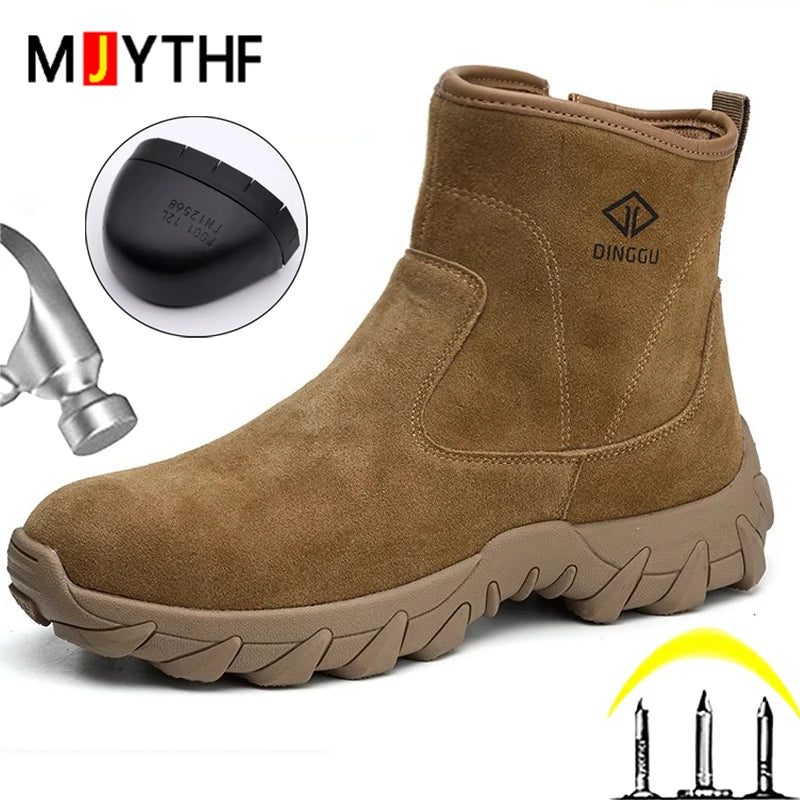 Cowhide Men Work Boots Safety Shoes High-top Side zipper Safety boot Anti scald Welding shoes Puncture-Proof Security Boots Men
