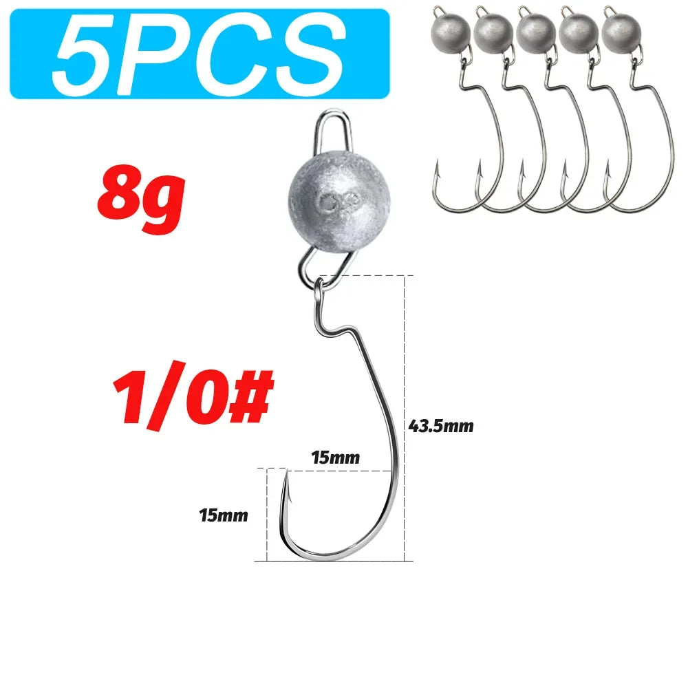 5Pcs Metal Jig Head Worm Hooks 2g 10g 18g Weight Crank Gear Sinker Pesca Weedless Offset Texas Rig Fishing Tackle Kit Fishhook