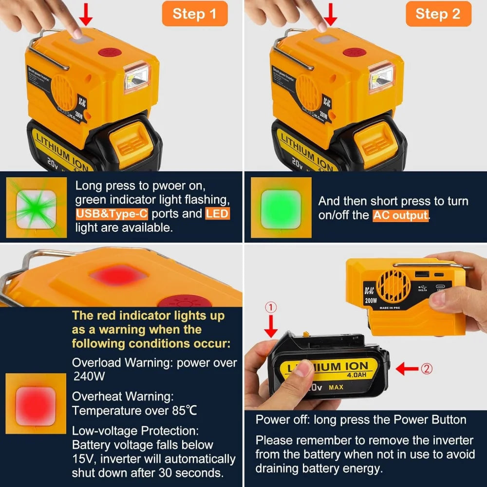 AC 110~220V Inverter Generator Power inverter LED Outdoor Camping Adapter Power Supply Tool For Dewalt 18V 21V Li-ion Battery