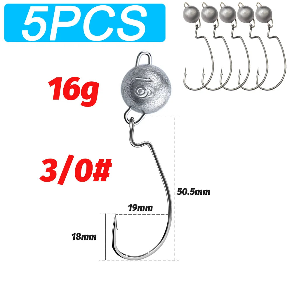 5Pcs Metal Jig Head Worm Hooks 2g 10g 18g Weight Crank Gear Sinker Pesca Weedless Offset Texas Rig Fishing Tackle Kit Fishhook