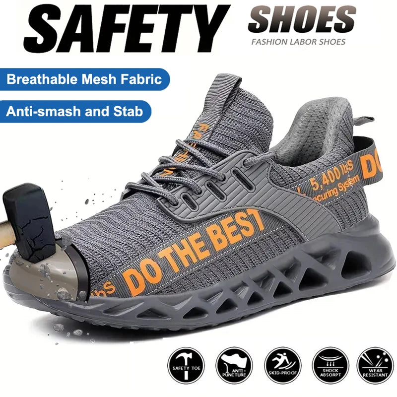 Steel Toe Safety Shoes for Men Lightweight Breathable Work Shoes Grey Anti-Smash Anti-Puncture Work Shoes Comfortable Durable