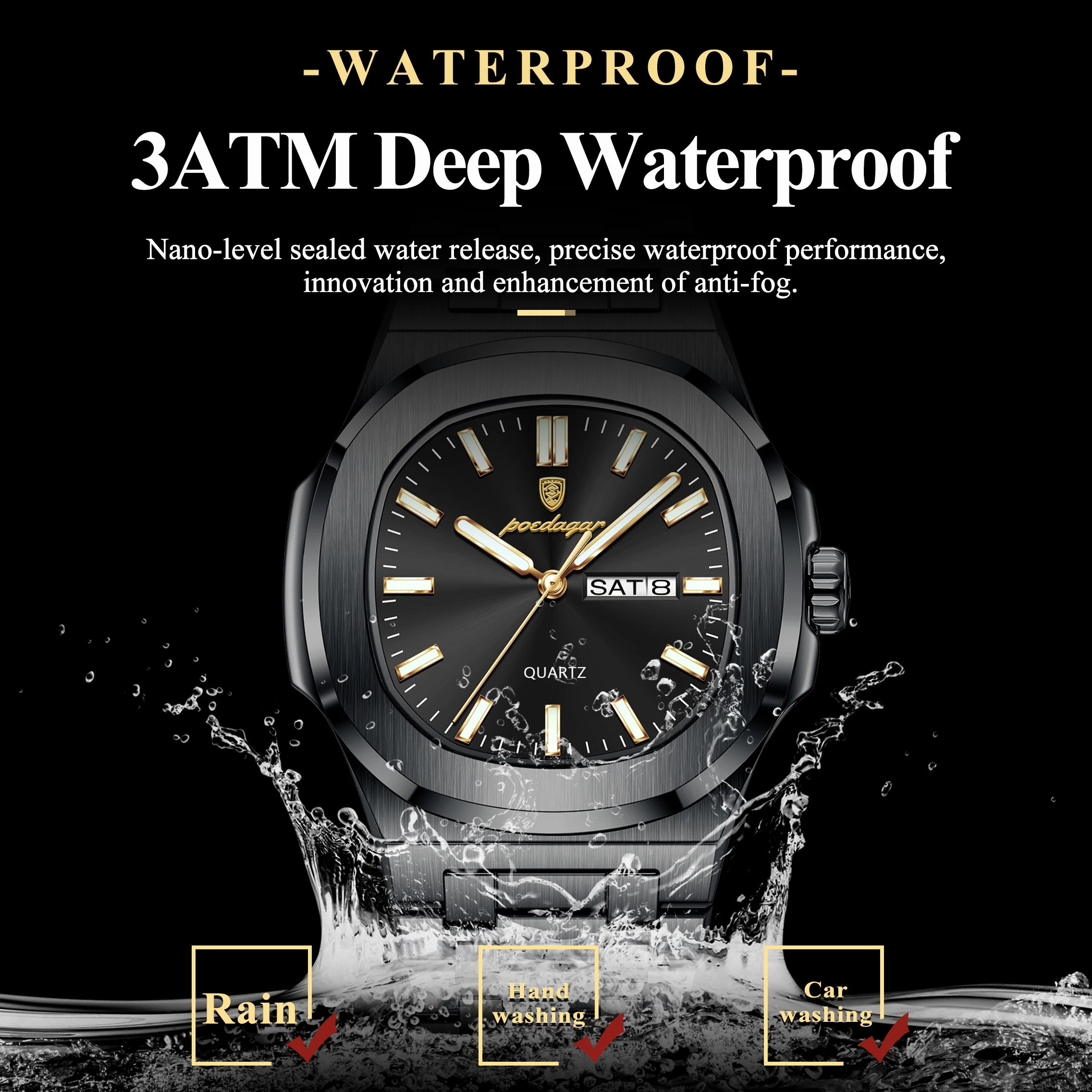 POEDAGAR Luxury Square Men's Watches Waterproof Luminous Date Week Men Watch Stainless Steel Fashion Quartz Man Wristwatch Reloj