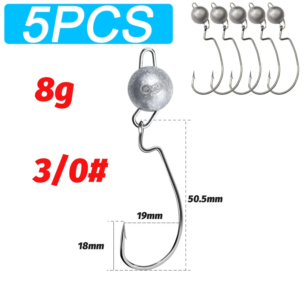 5Pcs Metal Jig Head Worm Hooks 2g 10g 18g Weight Crank Gear Sinker Pesca Weedless Offset Texas Rig Fishing Tackle Kit Fishhook