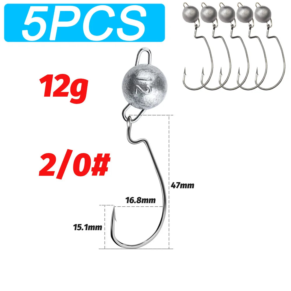 5Pcs Metal Jig Head Worm Hooks 2g 10g 18g Weight Crank Gear Sinker Pesca Weedless Offset Texas Rig Fishing Tackle Kit Fishhook