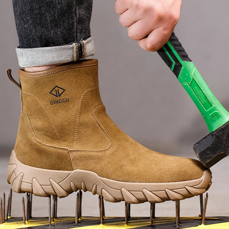 Cowhide Men Work Boots Safety Shoes High-top Side zipper Safety boot Anti scald Welding shoes Puncture-Proof Security Boots Men