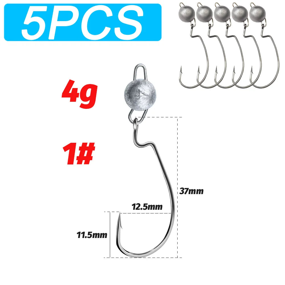 5Pcs Metal Jig Head Worm Hooks 2g 10g 18g Weight Crank Gear Sinker Pesca Weedless Offset Texas Rig Fishing Tackle Kit Fishhook