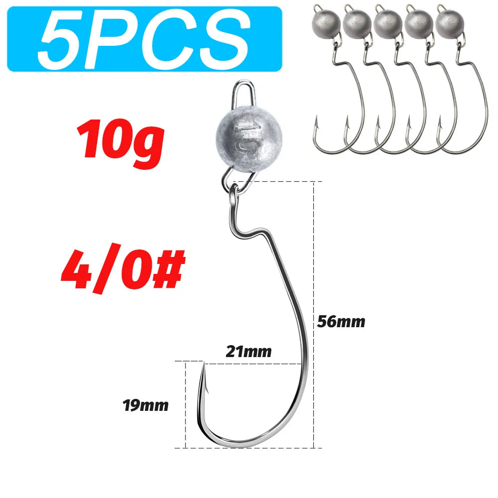 5Pcs Metal Jig Head Worm Hooks 2g 10g 18g Weight Crank Gear Sinker Pesca Weedless Offset Texas Rig Fishing Tackle Kit Fishhook