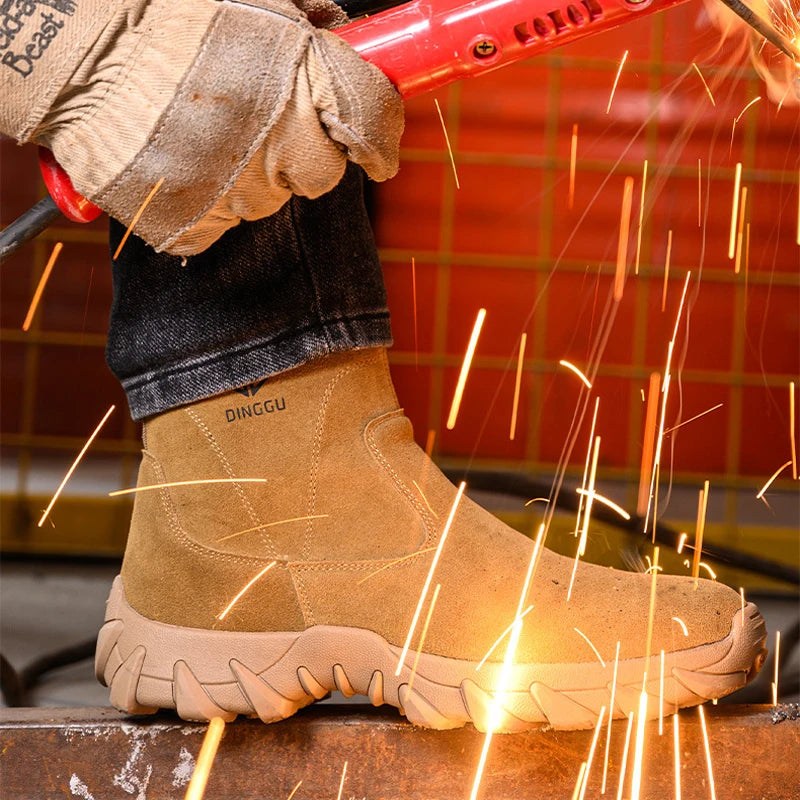 Cowhide Men Work Boots Safety Shoes High-top Side zipper Safety boot Anti scald Welding shoes Puncture-Proof Security Boots Men