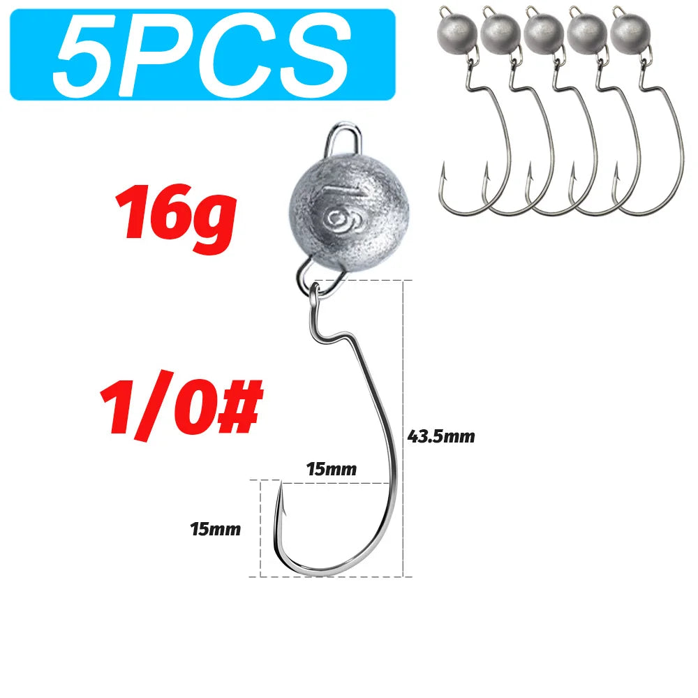 5Pcs Metal Jig Head Worm Hooks 2g 10g 18g Weight Crank Gear Sinker Pesca Weedless Offset Texas Rig Fishing Tackle Kit Fishhook
