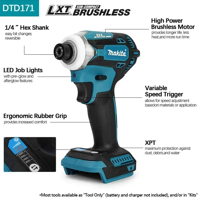 Makita Cordless DTD171 Brushless 18V LXT Impact Driver Electric Screwdriver with 1/4" Hex Chuck, Fastening Tool for Constructio