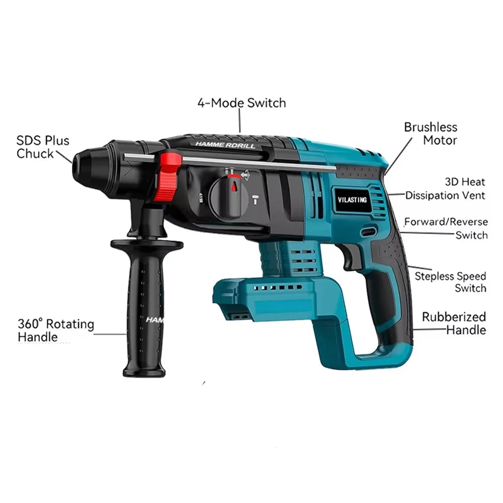 VILASTING 26MM Brushless Cordless Electric Hammer Drill Multifunctional Rotary High Power Tools For Makita 18V Battery Pin