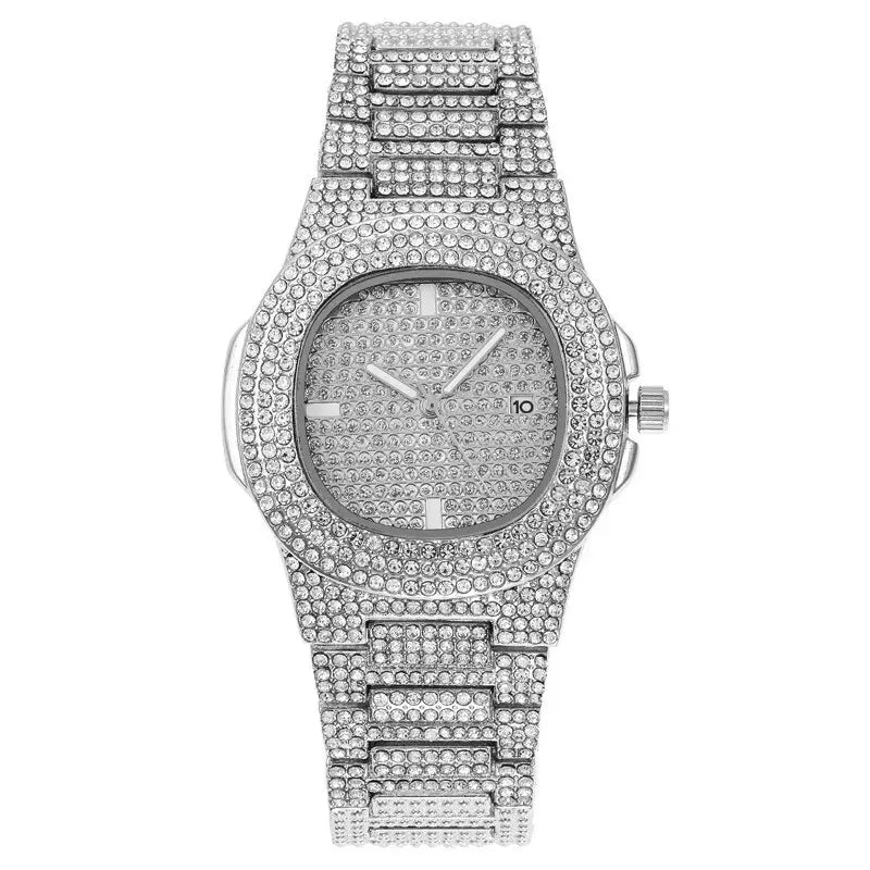 Luxury Full Diamond Men's Stainless Steel Watches Male Sports Quartz Wristwatch with Calendar