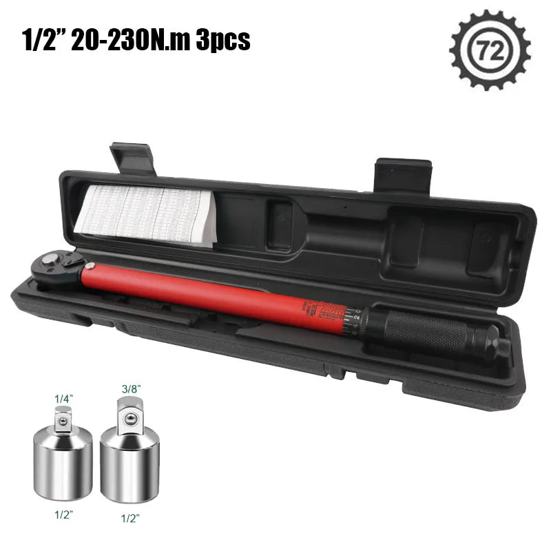 72T Torque Wrench 1/2'' 3/8'' 1/4'' Square Drive Preset Bicycle Torques Key Two-way Ratchet Car Bike Automotive Hand Tools