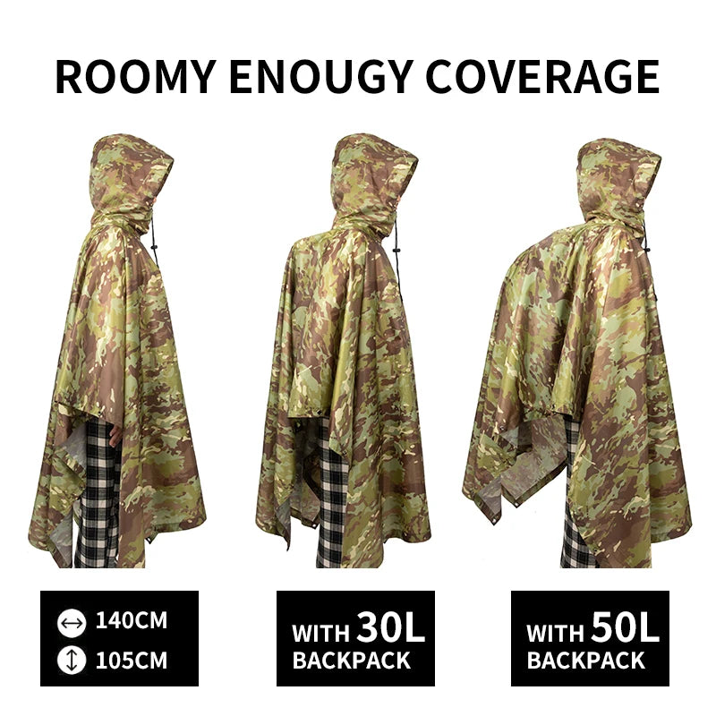 Outdoor Breathable Camouflage Poncho Jungle Tactical Raincoat Birdwatching Hiking Hunting Ghillie Suit Travel Rain Gear