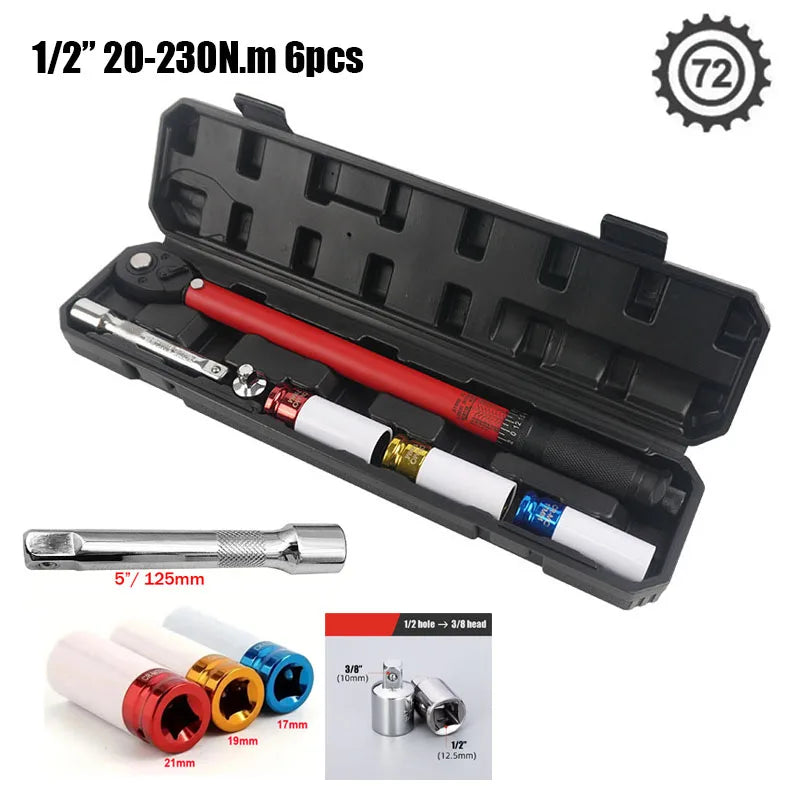 72T Torque Wrench 1/2'' 3/8'' 1/4'' Square Drive Preset Bicycle Torques Key Two-way Ratchet Car Bike Automotive Hand Tools