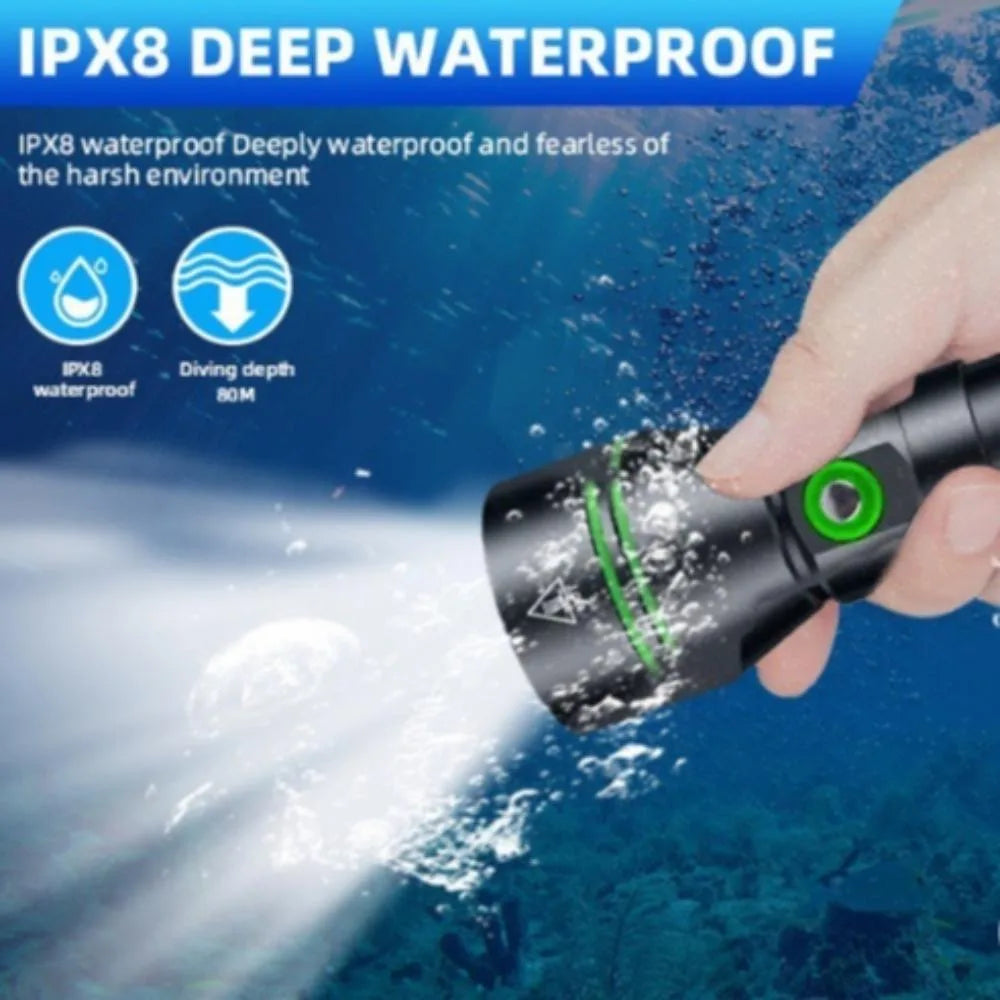 Super Bright XHP70 LED Scuba Diving Flashlight Underwater Dive Torch IPX8 Waterproof Night Diving Emergency Lantern