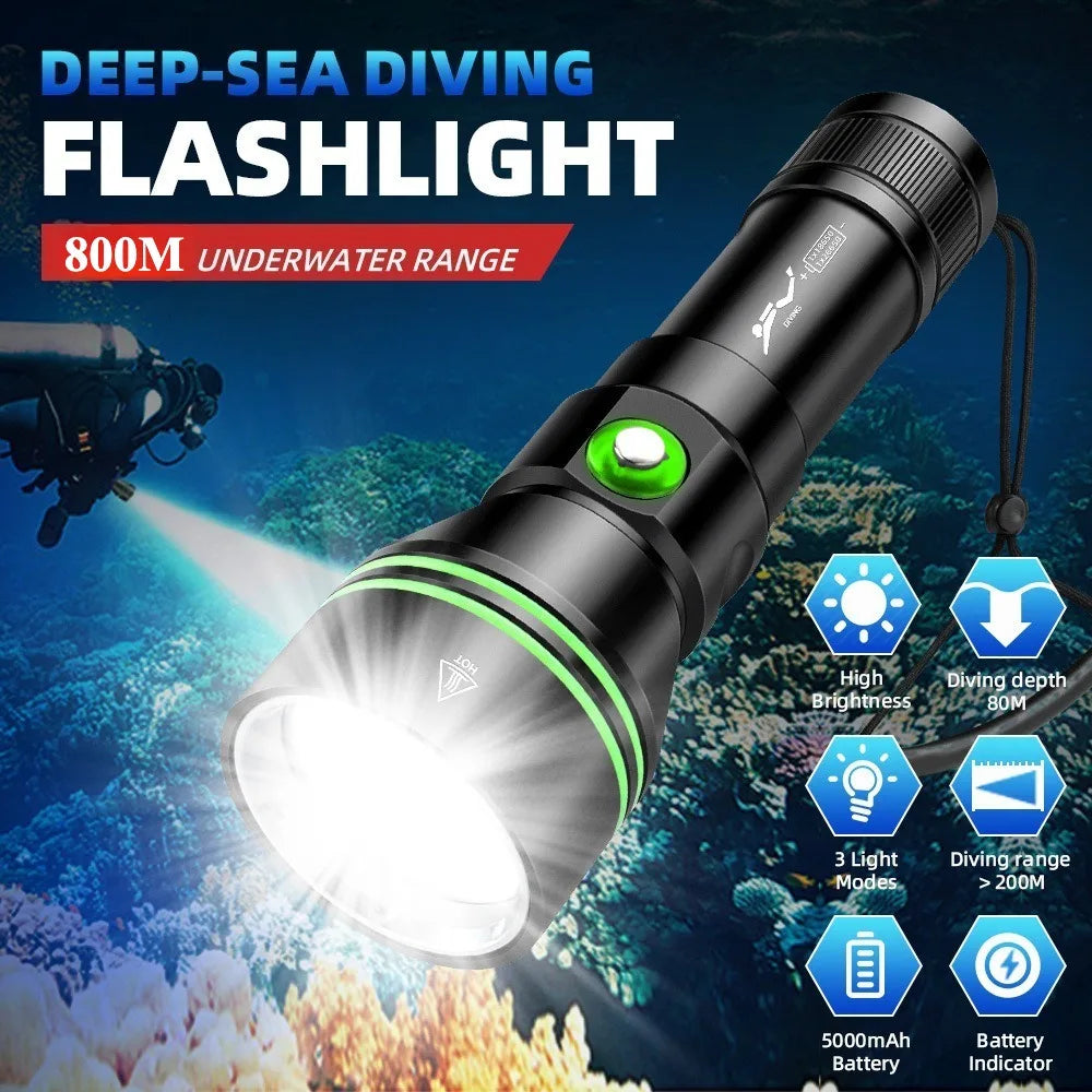 Super Bright XHP70 LED Scuba Diving Flashlight Underwater Dive Torch IPX8 Waterproof Night Diving Emergency Lantern