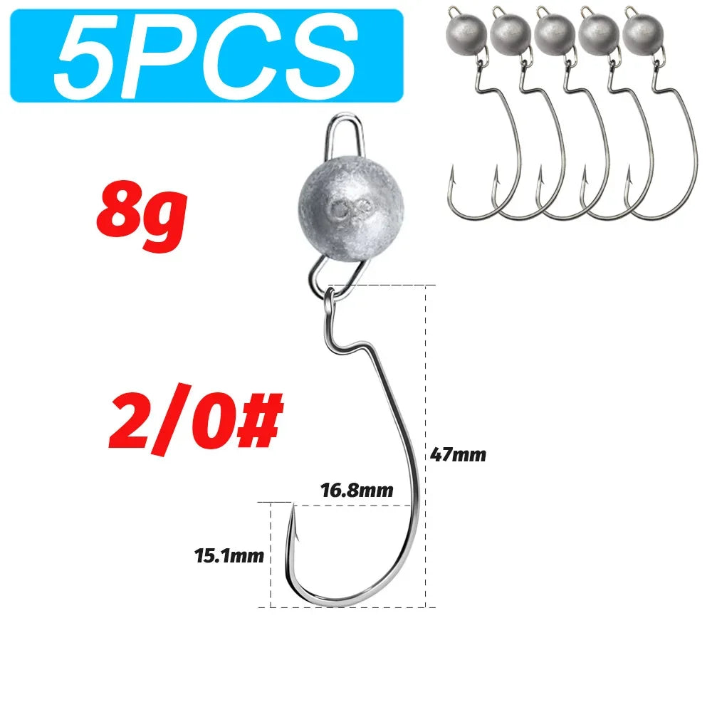 5Pcs Metal Jig Head Worm Hooks 2g 10g 18g Weight Crank Gear Sinker Pesca Weedless Offset Texas Rig Fishing Tackle Kit Fishhook