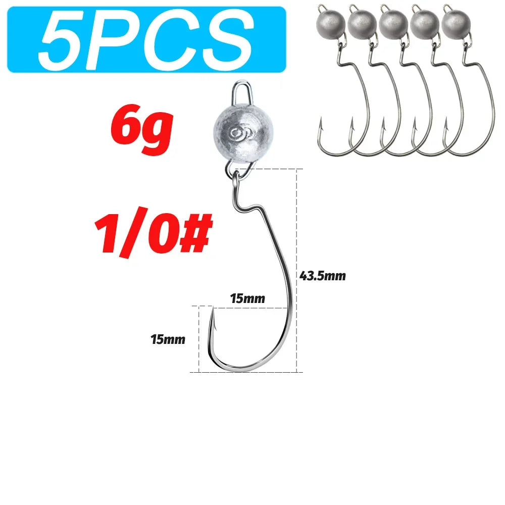 5Pcs Metal Jig Head Worm Hooks 2g 10g 18g Weight Crank Gear Sinker Pesca Weedless Offset Texas Rig Fishing Tackle Kit Fishhook