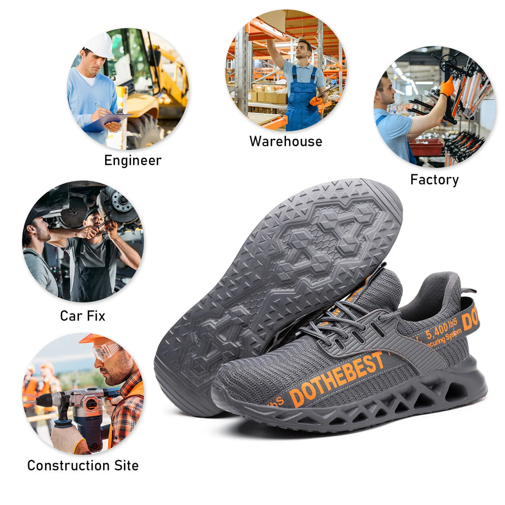 Steel Toe Safety Shoes for Men Lightweight Breathable Work Shoes Grey Anti-Smash Anti-Puncture Work Shoes Comfortable Durable