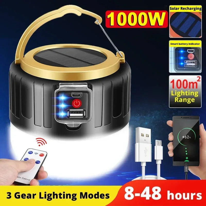 1-2Pcs Solar Camping Light IPX5 Waterproof Outdoor Light Remote Control Power Bank LED Tent Lamp Portable Durable Camping Gear