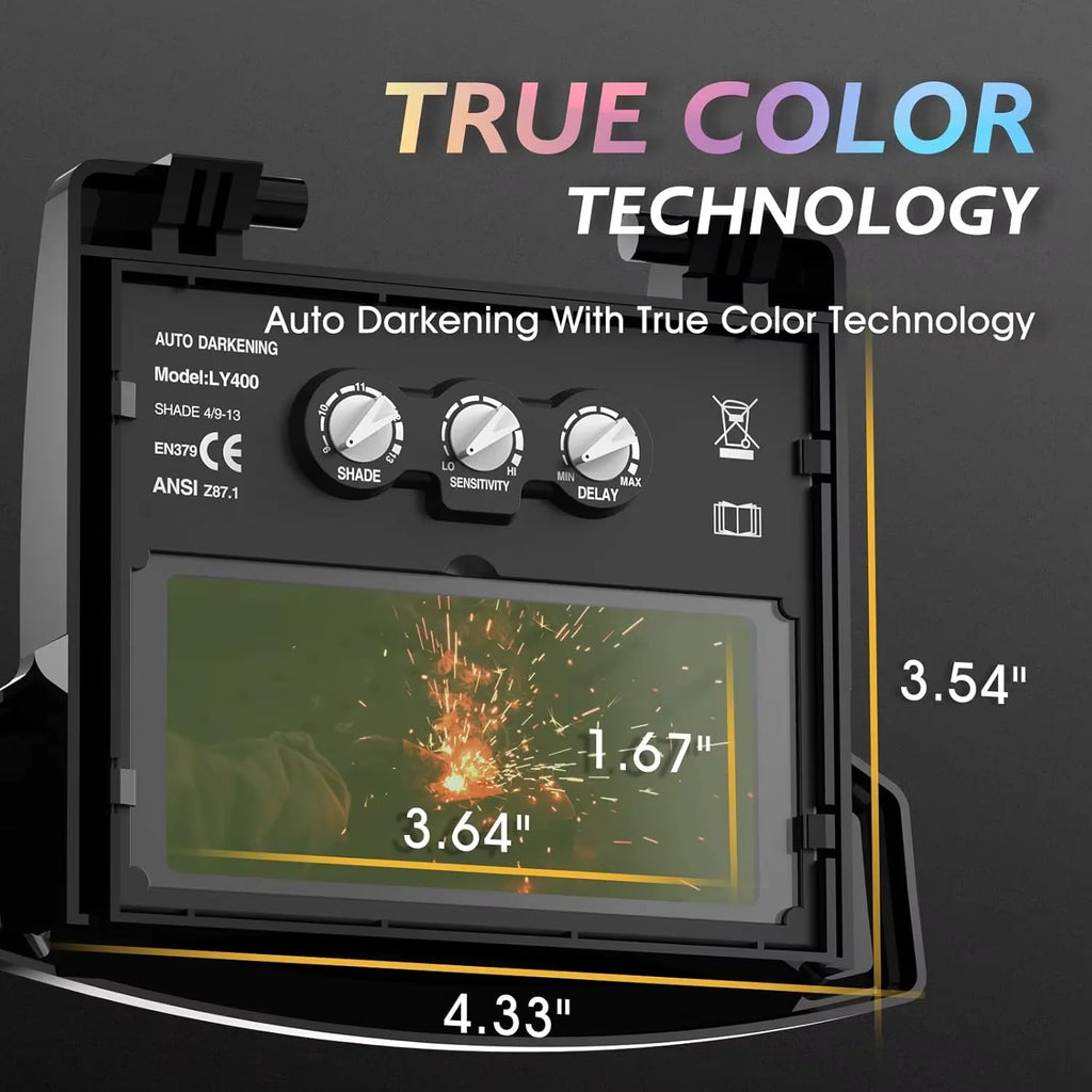 Auto Darkening Welding Helmet 1/1/1/2 True Color Solar Powered Welder Hood, Wide Shade 4/5-9/9-13