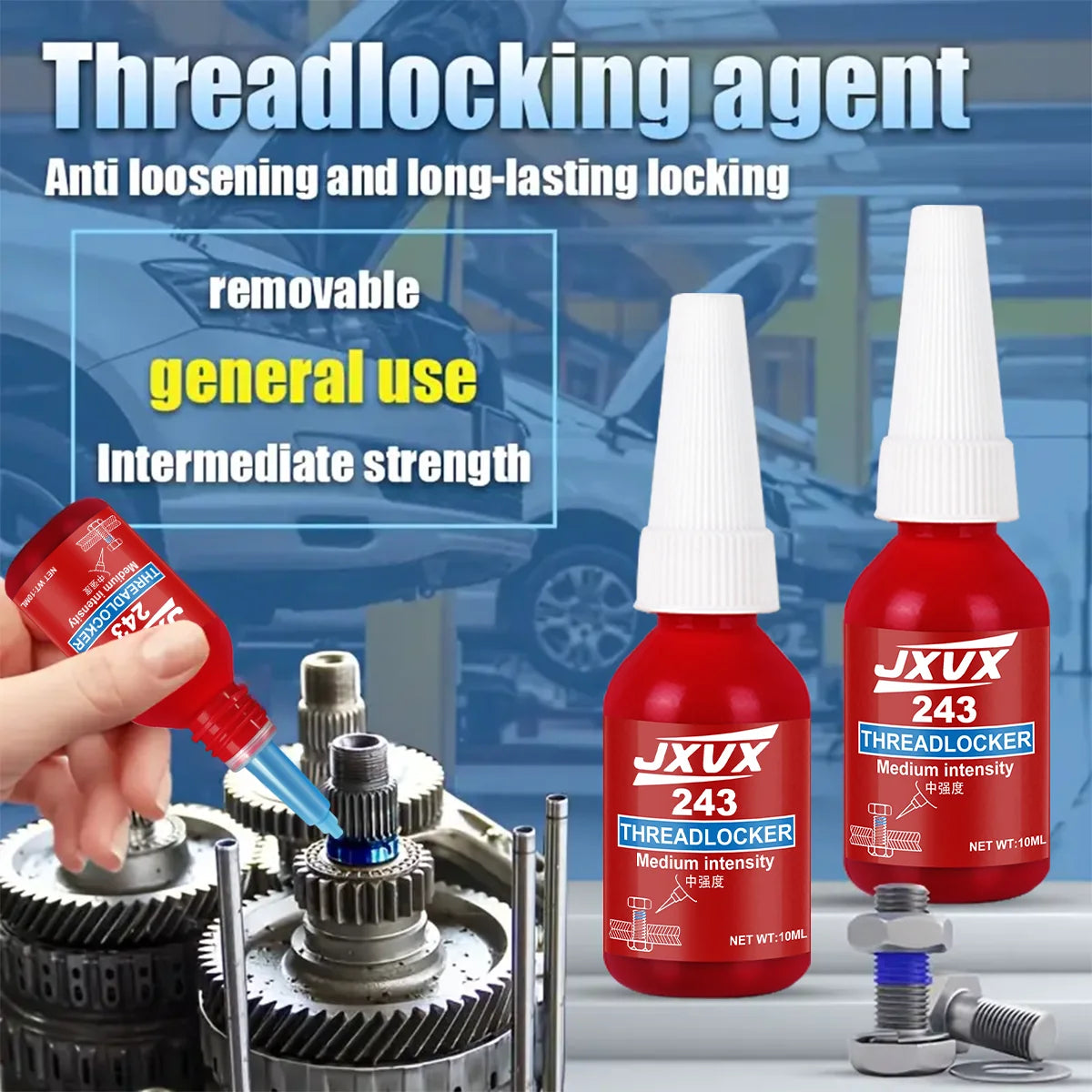 243 10ml, fast drying strong thread locking adhesive, high temperature anaerobic adhesive, suitable for automotive, machinery, steel frame locking, factory direct sales