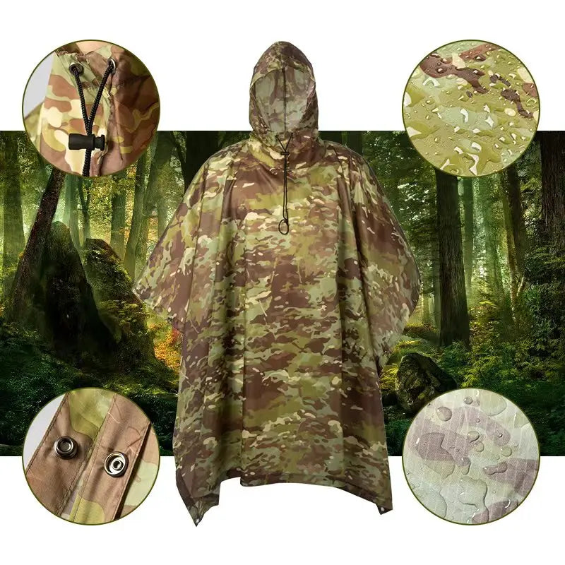 Outdoor Breathable Camouflage Poncho Jungle Tactical Raincoat Birdwatching Hiking Hunting Ghillie Suit Travel Rain Gear