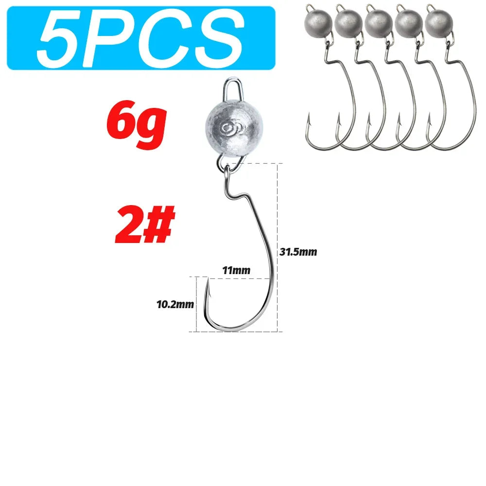 5Pcs Metal Jig Head Worm Hooks 2g 10g 18g Weight Crank Gear Sinker Pesca Weedless Offset Texas Rig Fishing Tackle Kit Fishhook