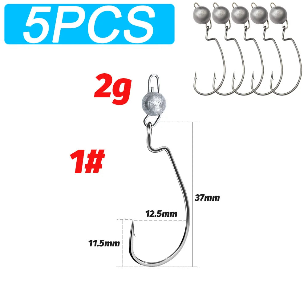 5Pcs Metal Jig Head Worm Hooks 2g 10g 18g Weight Crank Gear Sinker Pesca Weedless Offset Texas Rig Fishing Tackle Kit Fishhook