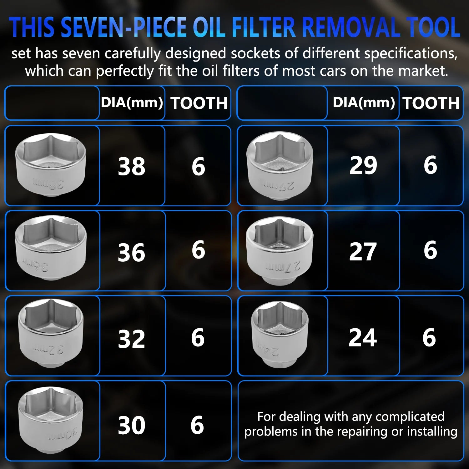 7-piece oil filter socket wrench set, 24mm to 38mm for Mercedes-Benz, BMW, VW, Audi, Boston and more