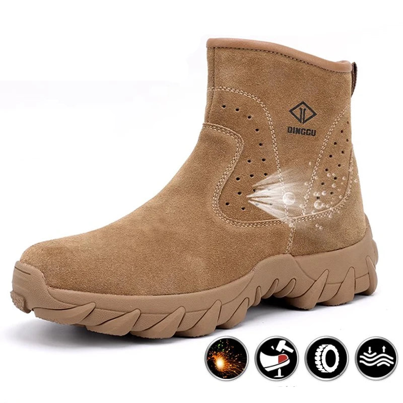 Cowhide Men Work Boots Safety Shoes High-top Side zipper Safety boot Anti scald Welding shoes Puncture-Proof Security Boots Men