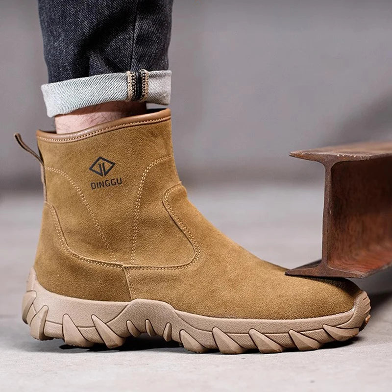Cowhide Men Work Boots Safety Shoes High-top Side zipper Safety boot Anti scald Welding shoes Puncture-Proof Security Boots Men