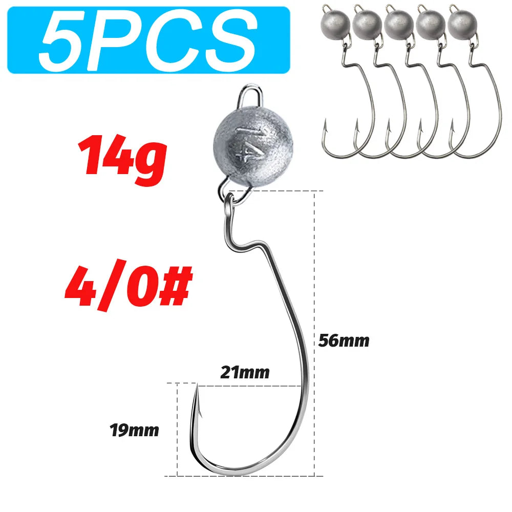 5Pcs Metal Jig Head Worm Hooks 2g 10g 18g Weight Crank Gear Sinker Pesca Weedless Offset Texas Rig Fishing Tackle Kit Fishhook
