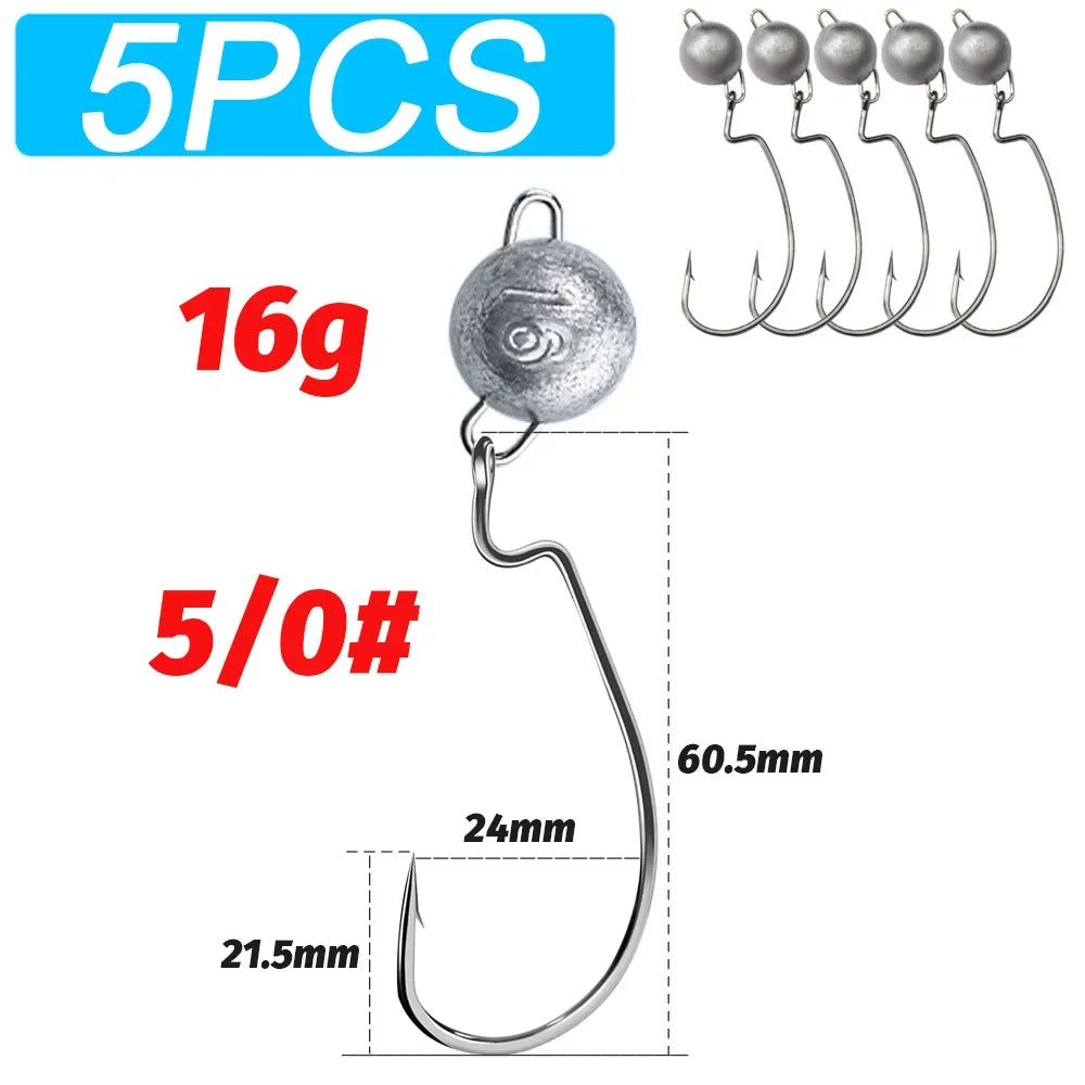 5Pcs Metal Jig Head Worm Hooks 2g 10g 18g Weight Crank Gear Sinker Pesca Weedless Offset Texas Rig Fishing Tackle Kit Fishhook