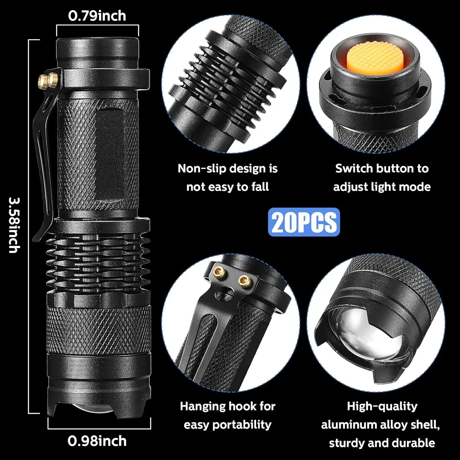 20-Piece LED Flashlight Set, 3 Modes, Water Resistant, Adjustable Focus for Indoor Outdoor Hiking (Black)