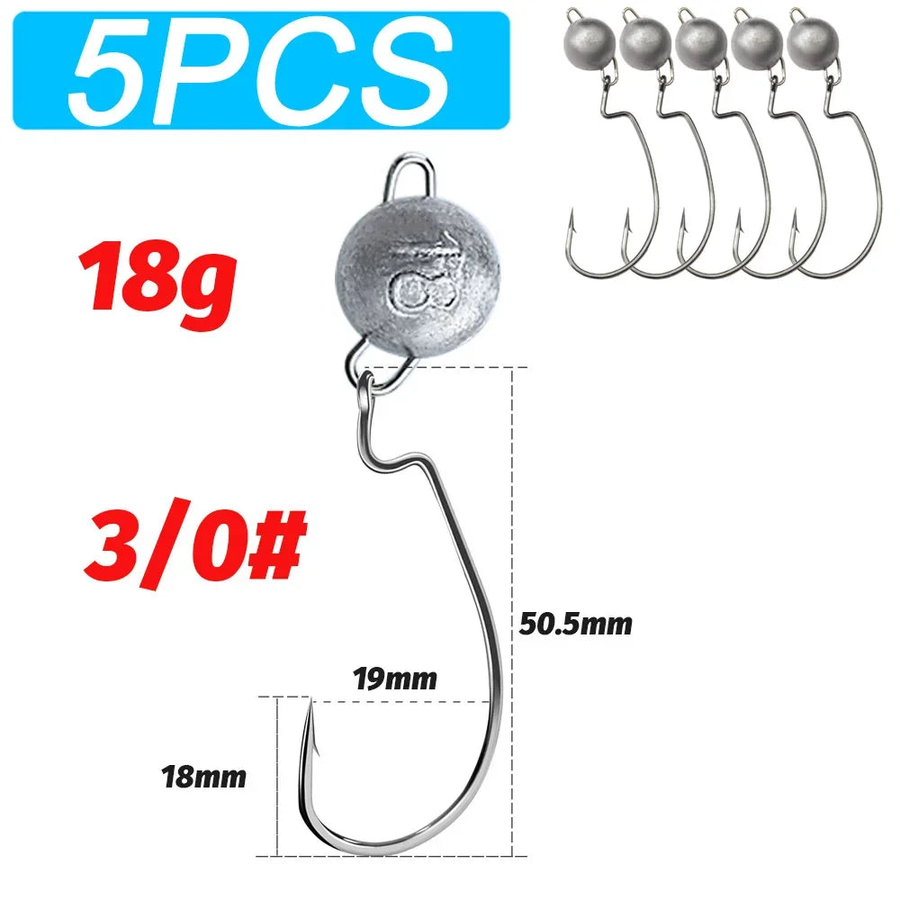 5Pcs Metal Jig Head Worm Hooks 2g 10g 18g Weight Crank Gear Sinker Pesca Weedless Offset Texas Rig Fishing Tackle Kit Fishhook