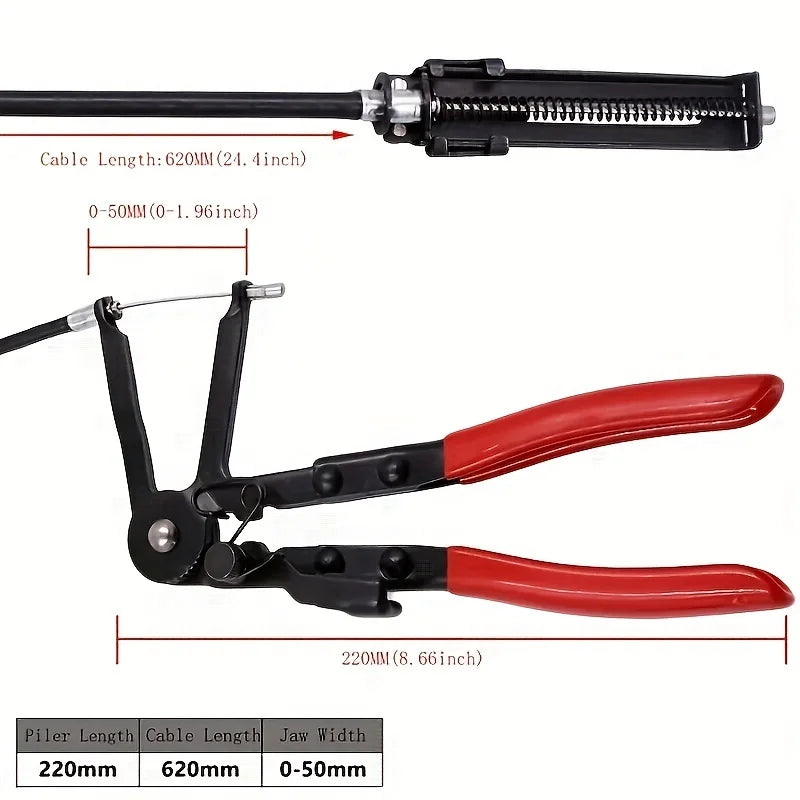 Heavy Duty Cable Type Hose Clamp Pliers with Extended Reach Capability for Automotive Straight Hose Bundle Removal & Maintenance