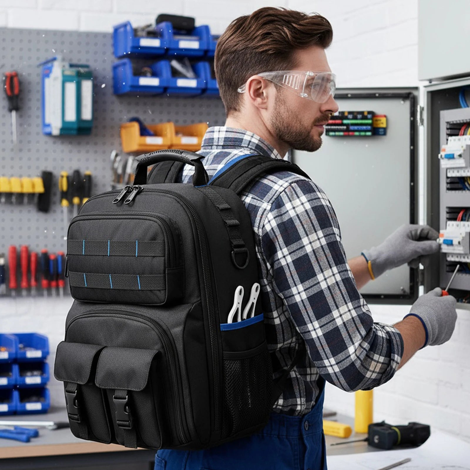 Backpack Tool Bag with Padded Back Support Heavy Duty Tool Kit Carrier Storage Bags for Electrician, Plumber, HVAC, Cable Repair