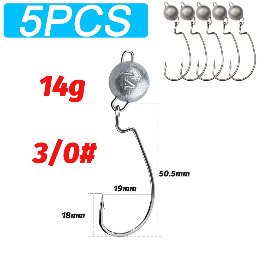 5Pcs Metal Jig Head Worm Hooks 2g 10g 18g Weight Crank Gear Sinker Pesca Weedless Offset Texas Rig Fishing Tackle Kit Fishhook