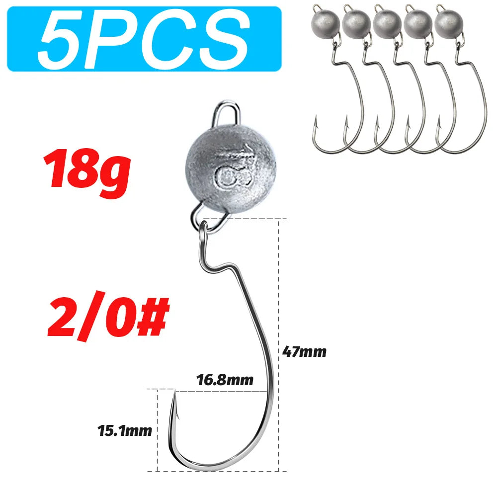 5Pcs Metal Jig Head Worm Hooks 2g 10g 18g Weight Crank Gear Sinker Pesca Weedless Offset Texas Rig Fishing Tackle Kit Fishhook