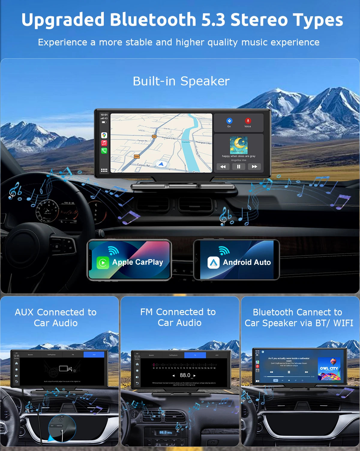 10.26"4K 64G TouchScreen Portable Wireless CarPlay Android Auto Truck Dash Car Stereo Bluetooth GPS Navi Reversing Wide-Angle FM