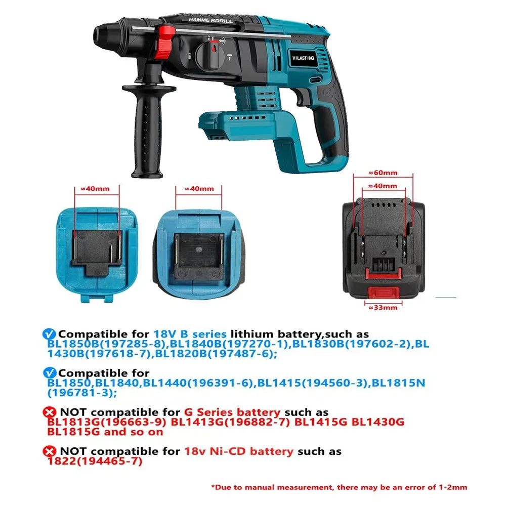 VILASTING 26MM Brushless Cordless Electric Hammer Drill Multifunctional Rotary High Power Tools For Makita 18V Battery Pin